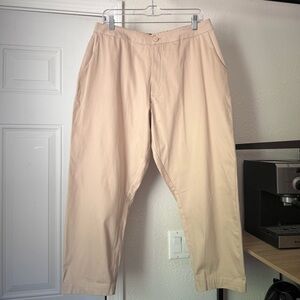 AAM tan cotton blend elastic waist tapered wide leg cropped trousers pants